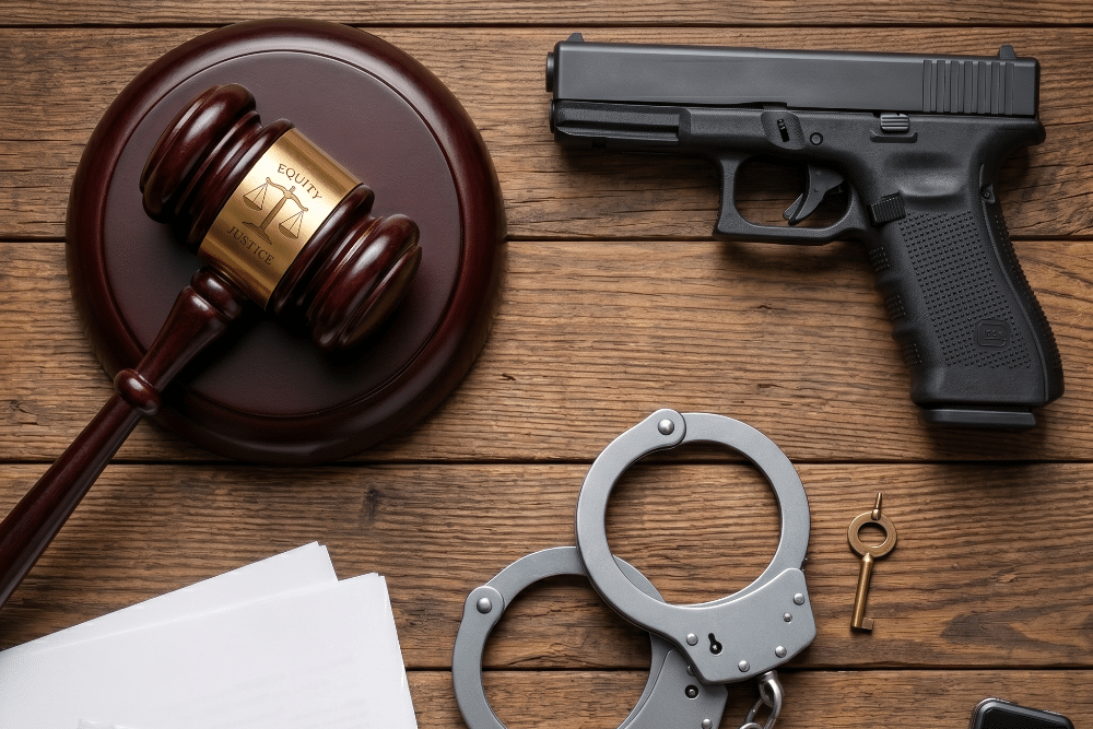 Fire Arms Charges Lawyer | AMB Law Gavel and scales of justice beside a pistol, handcuffs, key and documents on a wooden table, representing crime and the justice system.