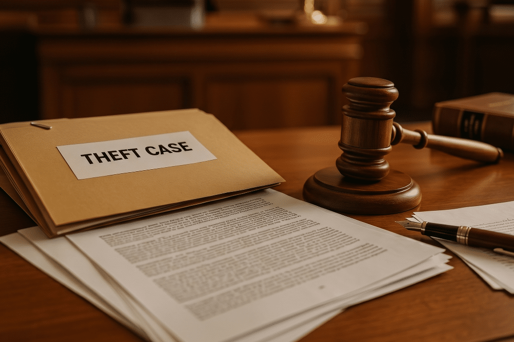 Fraud and Theft Attorney | AMB Law Gavel resting on a courtroom desk next to a manila folder labeled 'THEFT CASE' and scattered legal papers