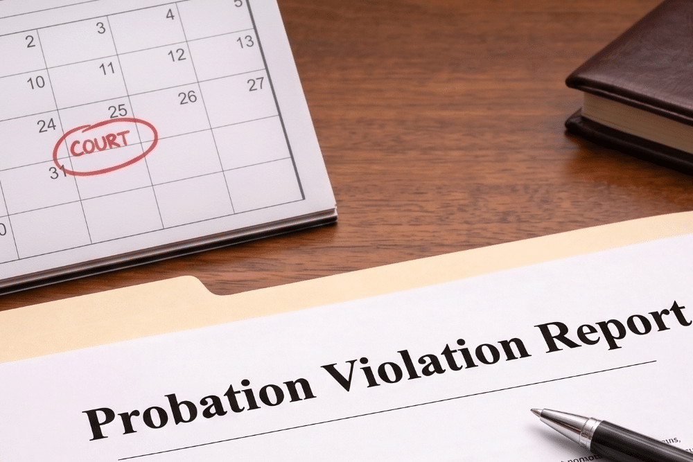 Probation Violation Lawyer South Florida | AMB Law Calendar page with a date circled and the word COURT, beside a probation violation report and pen on a wooden desk