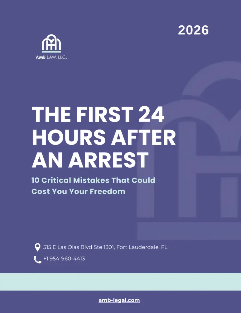 Front cover of a 2026 AMB Law flyer The First 24 Hours After an Arrest with subtitle and contact details on a purple background